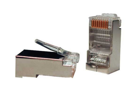 Hyperline PLUG-8P8C-U-C5-SH-100 Разъем RJ-45(8P8C) под витую пару категория 5e (50 µ"/ 50 микродюймов) экранированный универсальный (для одножильного и многожильного кабеля) (100 шт)