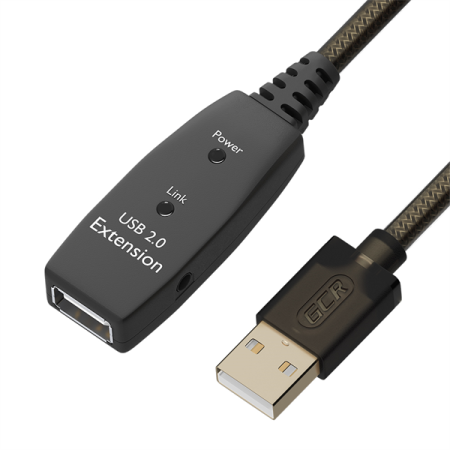 GCR Удлинитель активный 7.5m USB 2.0, AM/AF, GOLD, черно-прозрачный, с усилителем сигнала, разъём для доп.питания, 28/24 AWG