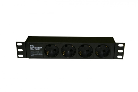 Hyperline SHE10-4SH-IEC Блок розеток для 10" шкафов горизонтальный 4 розетки Schuko (10А) 250В без кабеля питания входная розетка IEC 60320 C14 254х44.4х44.4мм (ШхВхГ)