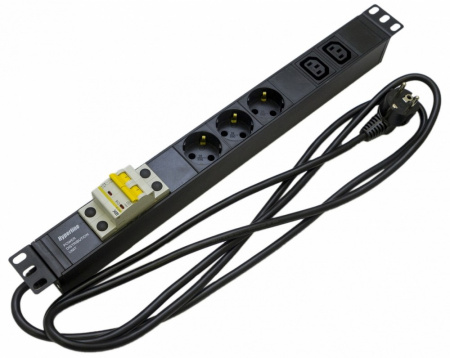 Hyperline SHE19-3SH-2IEC-B-2.5EU Блок розеток для 19" шкафов горизонтальный с автоматическим выключателем 3xSchuko+2xIEC 320 C13 16A 250В кабель питания 3х1.5мм2 длина 2.5 м с вилкой Schuko 482.6x44.4x44.4мм (ДхШхВ)
