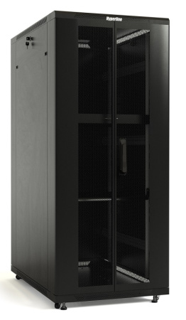 Hyperline TTB-3268-AS-RAL9004 Шкаф напольный 19-дюймовый 32U 1610x600х800 мм (ВхШхГ) передняя стеклянная дверь со стальными перфорированными боковинами задняя дверь сплошная ручка с замком крыша нового типа цвет черный (RAL 9004) (разобранный)