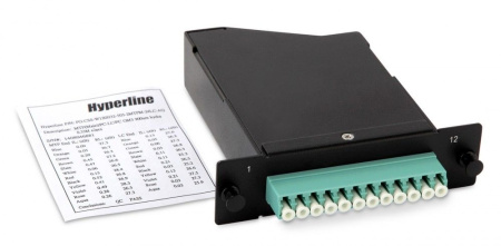 Hyperline FO-CSS-W120H32-503-1MTPM-12LC-AQ Волоконно-оптическая кассета 1xMTP (папа) 120x32 мм 12LC адаптеров (цвет aqua) 12 волокон OM3