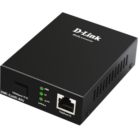 D-Link DMC-G20SC-BXU/A1A, WDM Media Converter with 1 100/1000Base-T port and 1 1000Base-LX port.Up to 20km, single-mode Fiber, SC connector, Jumbo frame, Transmitting and Receiving wavelength: TX-131