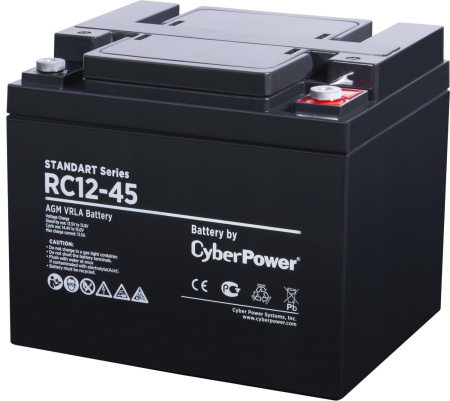 Battery CyberPower Standart series RC 12-45, voltage 12V, capacity (discharge 20 h) 47.2Ah, max. discharge current (5 sec) 540A, max. charge current 13.5A, lead-acid type AGM, terminals under bolt M6, LxWxH 197x165x170mm., full height with 