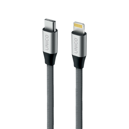 Unico Кабель USB-С - lightning , 2,1А, 5V/3A, 9V/2A, Power Delivery, 480 Мбит/с, нейлон, металл, 1м, серый, RTL BOX