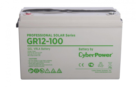 Battery CyberPower Professional Solar series GR 12-100, voltage 12V, capacity (discharge 10 h) 101Ah, max. discharge current (5 sec) 1000A, max. charge current 33A, lead-acid type GEL, terminals under bolt M8, LxWxH 330x173x217mm., full hei 