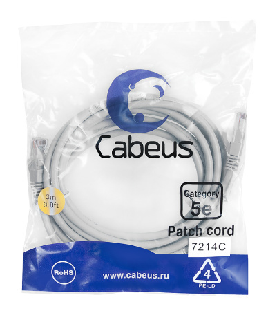 Cabeus PC-UTP-RJ45-Cat.5e-3m Патч-корд U/UTP, категория 5е, 2xRJ45/8p8c, неэкранированный, серый, PVC, 3м
