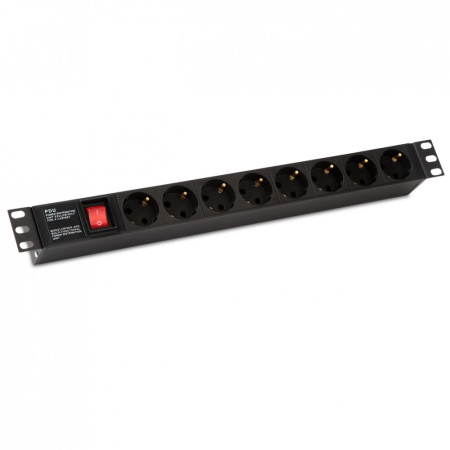 Hyperline SHE19-8SH-S-IEC Блок розеток для 19" шкафов горизонтальный с выключателем с подсветкой 8 розеток Schuko (10А) 250В без кабеля питания входная розетка IEC 60320 C14 482.6х44.4х44.4мм (ШхВхГ)
