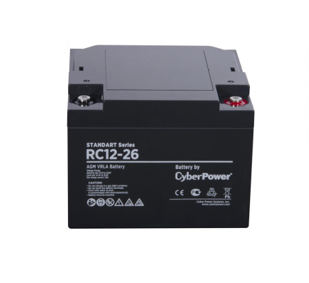 Battery CyberPower Standart series RC 12-26, voltage 12V, capacity (discharge 20 h) 26Ah, max. discharge current (5 sec) 375A, max. charge current 7.8A, lead-acid type AGM, terminals under bolt M6, LxWxH 166x175x125mm., full height with ter 
