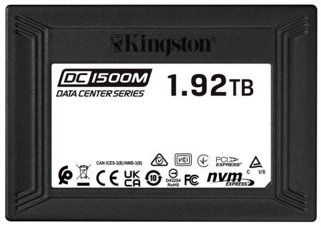 Kingston DC1500M, 1920GB, SSD, U.2, NVMe, PCIe 3.0 x4, 3D TLC, R/W 3300/2700MB/s, IOPs 510 000/220 000, 3500TBW, DWPD 1 (5 лет)