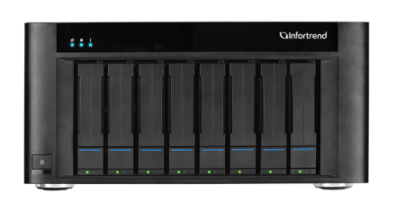 Infortrend EonStor GSe Pro 100 8bay. Intel Atom 2.4GHz 4C CPU, 1x4GB non-ECC, 4x1GbE(RJ45), 2x USB 2.0, 2x USB 3.0, 1x Host Board slot, 1xPSU and 8 drive trays (GSe Pro 108-C)