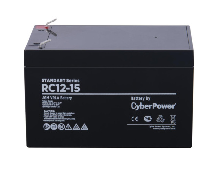 Battery CyberPower Standart series RC 12-15, voltage 12V, capacity (discharge 20 h) 15Ah, max. discharge current (5 sec) 175A, max. charge current 4.2A, lead-acid type AGM, terminals F2, LxWxH 151x98x93mm., full height with terminals 98mm., 