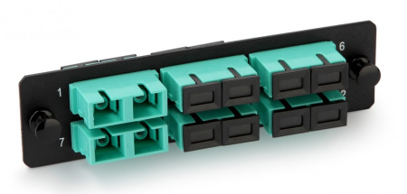 Hyperline FO-FPM-W120H32-6DSC-AQ Панель для FO-19BX с 6 SC (duplex) адаптерами 12 волокон многомод OM3/OM4 120x32 мм адаптеры цвета аква (aqua)