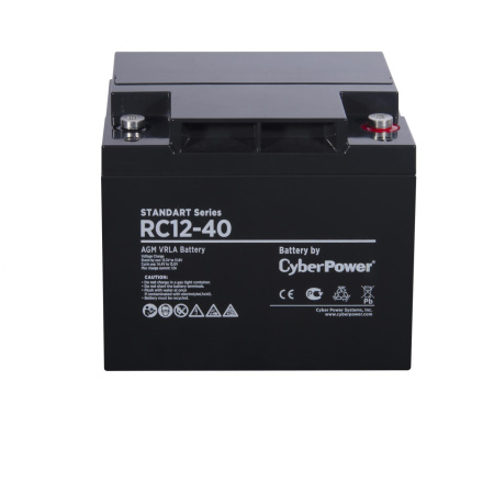 Battery CyberPower Standart series RC 12-40, voltage 12V, capacity (discharge 20 h) 40Ah, max. discharge current (5 sec) 380A, max. charge current 12A, lead-acid type AGM, terminals under bolt M6, LxWxH 197x165x170mm., full height with term 