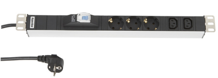 Hyperline SHT19-3SH-2IEC-B-2.5EU Блок розеток для 19" шкафов горизонтальный с автоматическим выключателем 3 x Schuko (16A) + 2 x IEC 320 C13 (16A) кабель питания 2.5 м с вилкой Schuko 482.6 мм x 44.4 мм x 44.4 мм (ДхШхВ)
