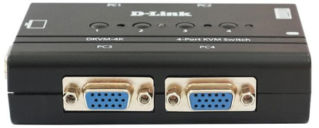 D-Link DKVM-4K/B2B, 4-port KVM Switch with VGA and PS/2 ports.Control 4 computers from a single keyboard, monitor, mouse, Supports video resolutions up to 2048 x 1536, Switching using front panel but