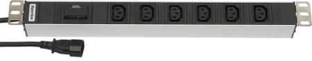 Hyperline SHT19-6IEC-F-2.5IEC Блок розеток для 19" шкафов горизонтальный с функцией защиты от перенапряжения 6 х IEC 320 C13 (10A) ограничитель перенапряжений (смен. блок) кабель питания 2.5 м с вилкой IEC 320 C14 482.6 мм x 44.4 мм x 44.4 мм(ДхШхВ)