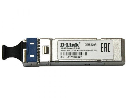 D-Link 330R/3KM/A1A, WDM SFP Transceiver with 1 1000Base-BX-D port.Up to 3km, single-mode Fiber, Simplex LC connector, Transmitting and Receiving wavelength: TX-1550nm, RX-1310nm, 3.3V power.