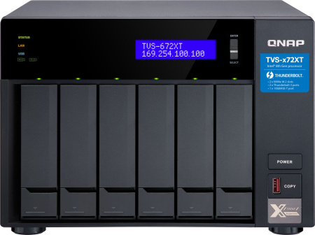 SMB QNAP TVS-672XT-i3-8G 6-Bay NAS, Intel Core i3-8100T 4-core 3.1 GHz Processor, 8GB DDR4 RAM (max 32GB RAM), 6x 2.5"/3.5" SATA HDD/SSD + 2x M.2 PCIe SSD slot, 2xGbE LAN, 1 x 10GBase-T, 2 x Thunderbolt 3 port