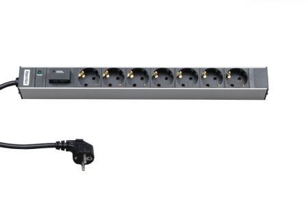 Hyperline SHT19-7SH-IF-2.5EU Блок розеток для 19" шкафов горизонтальный с ф-ями контроля и защиты 7 розеток Schuko (16A) индикатор питания ограничитель перенапряжений (смен. блок) кабель питания 2.5 м с вилкой Schuko 482.6 x 44.4 х 44.4 мм (ДхШхВ)