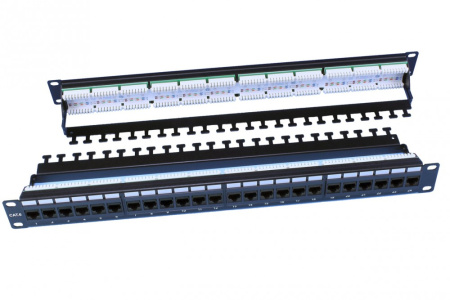 Hyperline PP3-19-24-8P8C-C6-110D Патч-панель 19" 1U 24 порта RJ-45 категория 6 Dual IDC ROHS цвет черный (задний кабельный организатор в комплекте)