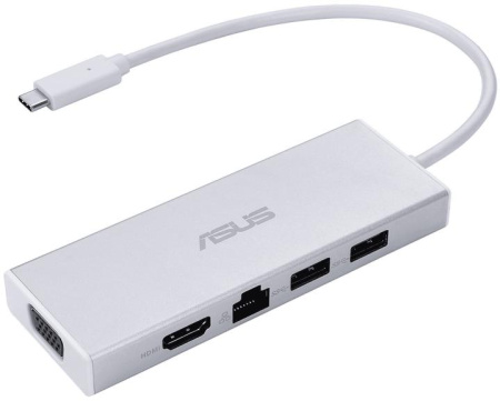 Док-станция ASUS USB OS200 USB-C DONGLE Docking Station.USB 3.0 х 2,RJ-45х1,VGAx1,HDMIx1.порт HDMI HDMI and VGA ports supports up to 2K (2048x1152), а порт DVI-I до 83 г/Серебристый