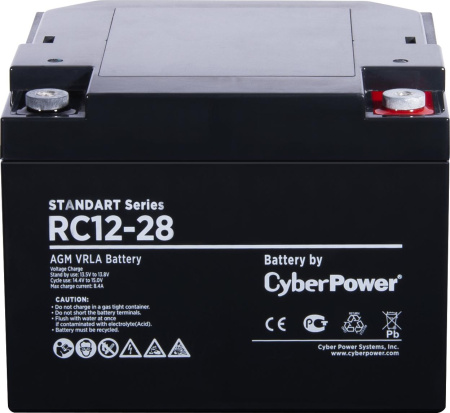 Battery CyberPower Standart series RC 12-28, voltage 12V, capacity (discharge 20 h) 28Ah, max. discharge current (5 sec) 390A, max. charge current 8.4A, lead-acid type AGM, terminals under bolt M6, LxWxH 166x175x125mm., full height with ter 