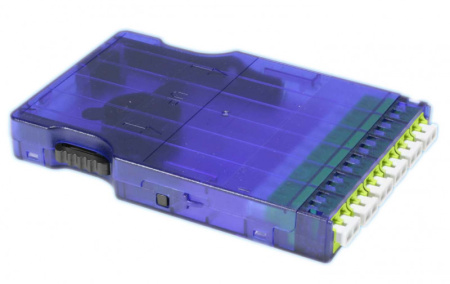Hyperline PPTR-CSS-1-6xDLC-SM/GN-BL Кассета для оптических претерминированных решений 6 дуплексных портов LC/APC 1хMPO (папа) для одномодового кабеля синий корпус/зеленые порты